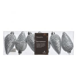 6 SILVER PLASTIC PINE CONES 8 CM