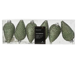 6 GREEN PLASTIC PINE CONES 8 CM