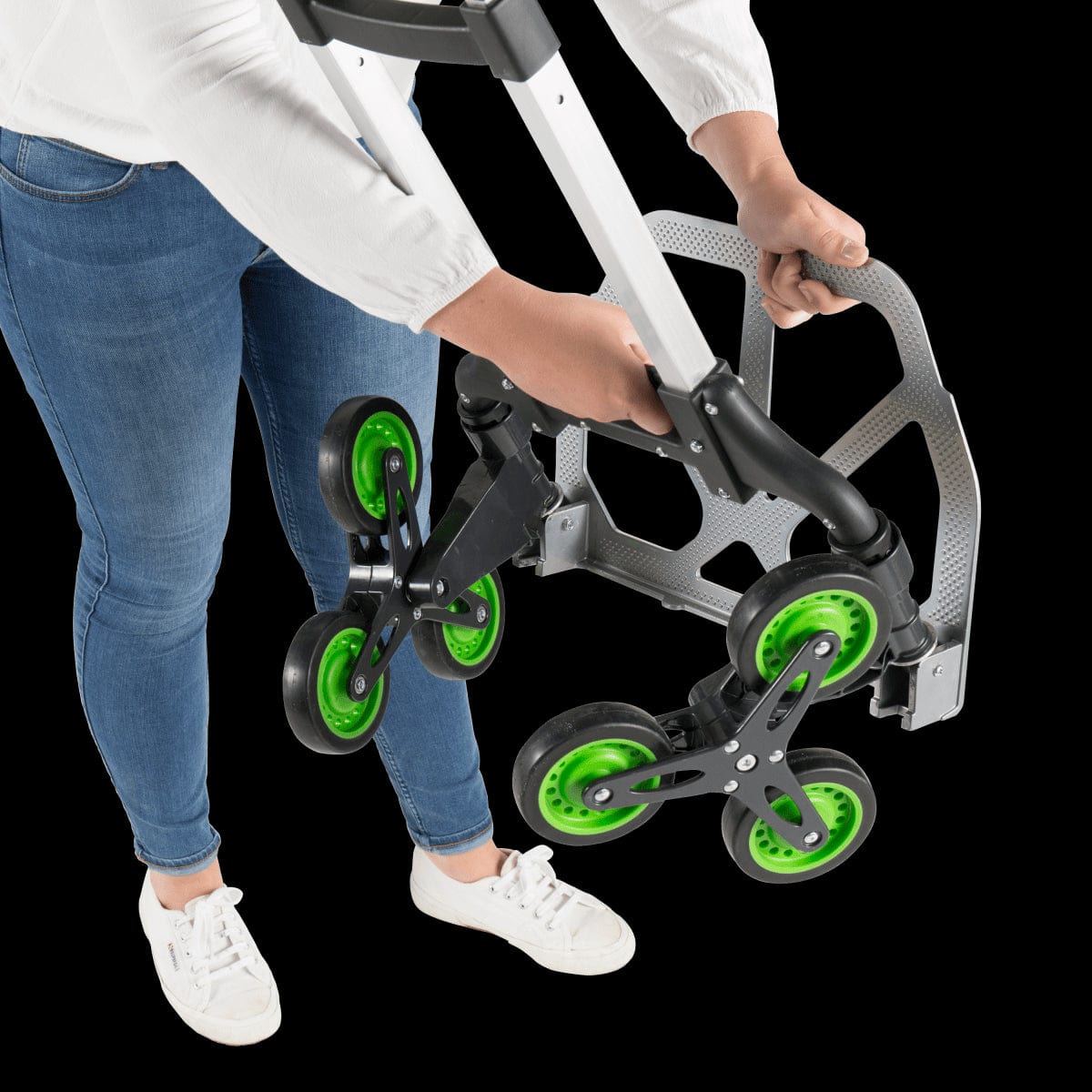 Bricocenter ALUMINIUM FOLDING STAIR TROLLEY STANDERS CAPACITY 70 KG WITH 3 WHEELS ON EACH SIDE