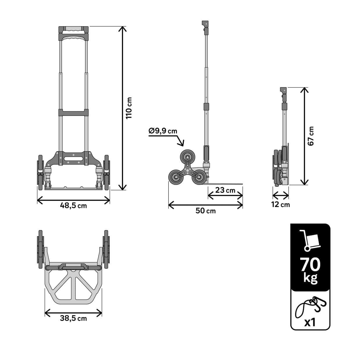 Bricocenter ALUMINIUM FOLDING STAIR TROLLEY STANDERS CAPACITY 70 KG WITH 3 WHEELS ON EACH SIDE