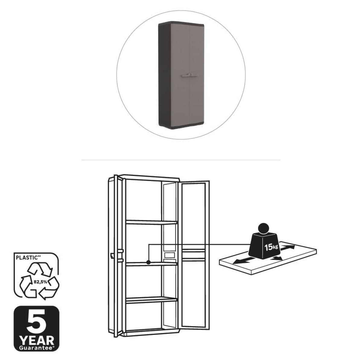 Bricocenter HIGH ALL-SHELF CUPBOARD 2 DOORS 3 NON-ADJUSTABLE SHELVES 68X39X166H LOAD CAPACITY 15KG DARK GREY