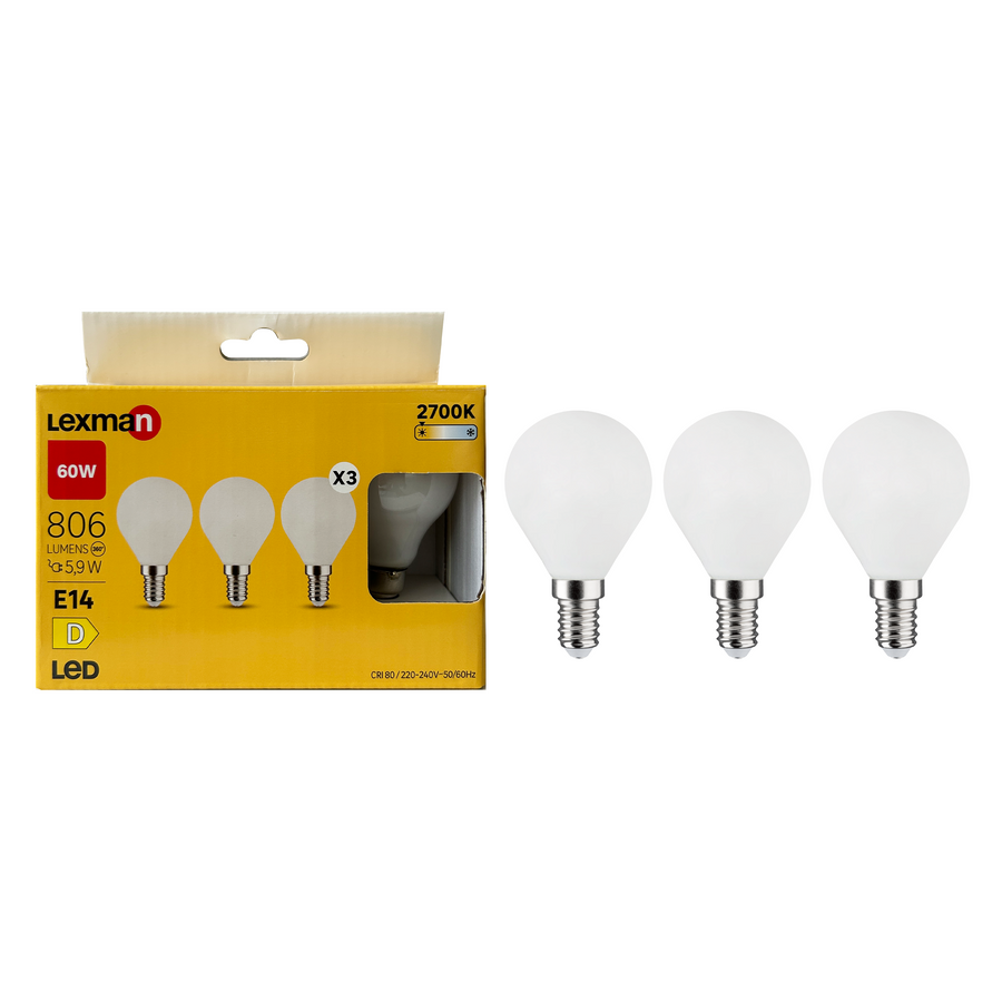 3 LED BULBS E14=60W FROSTED SPHERE WARM LIGHT