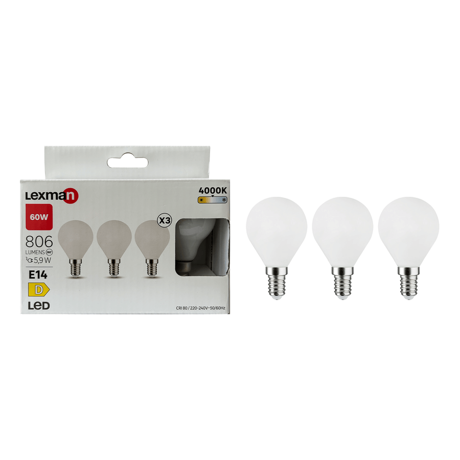 Bricocenter 3 LED BULBS E14=60W FROSTED SPHERE NATURAL LIGHT