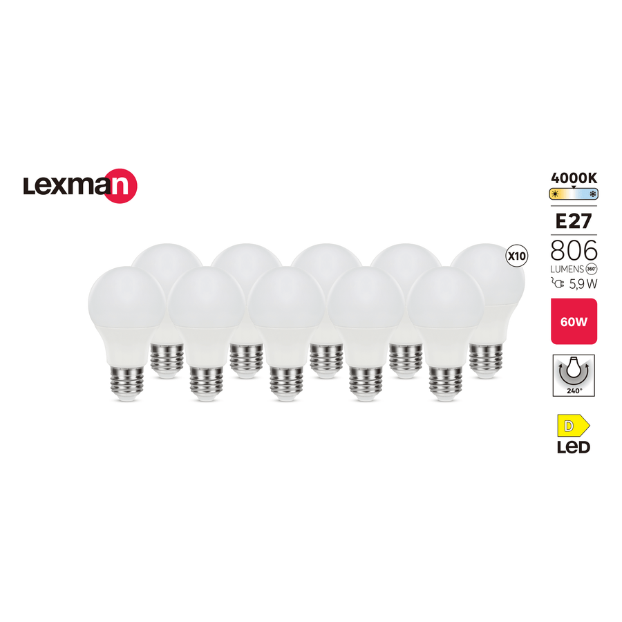 10 E27 LED bulbs = 60W, frosted teardrop shape, natural light
