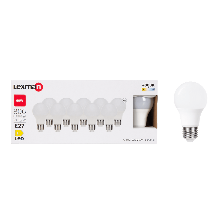 10 E27 LED bulbs = 60W, frosted teardrop shape, natural light