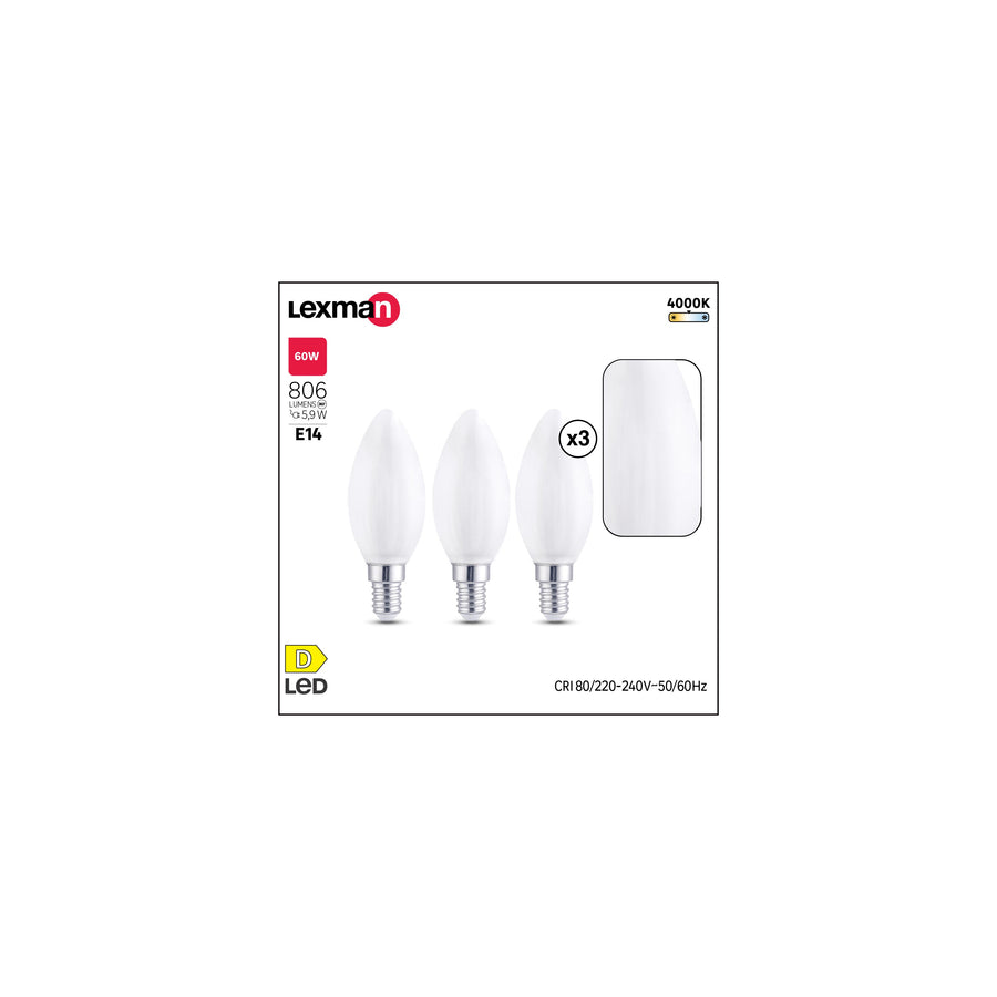 3 LED BULBS E14 =60W CANDLE FROSTED NATURAL LIGHT