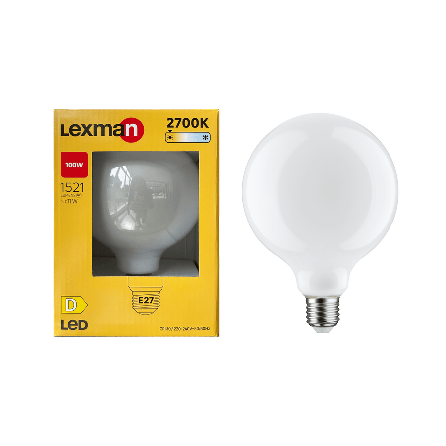 E27 LED bulb = 100W, large frosted globe, warm light