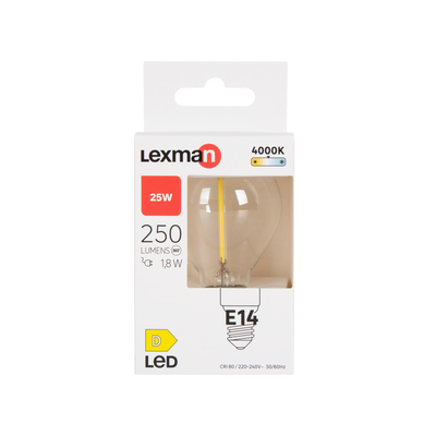 E14 LED bulb, 25W, clear globe, natural light