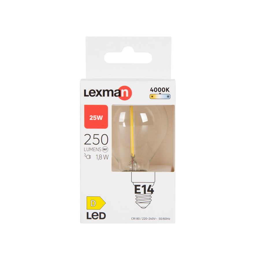 E14 LED bulb, 25W, clear globe, natural light