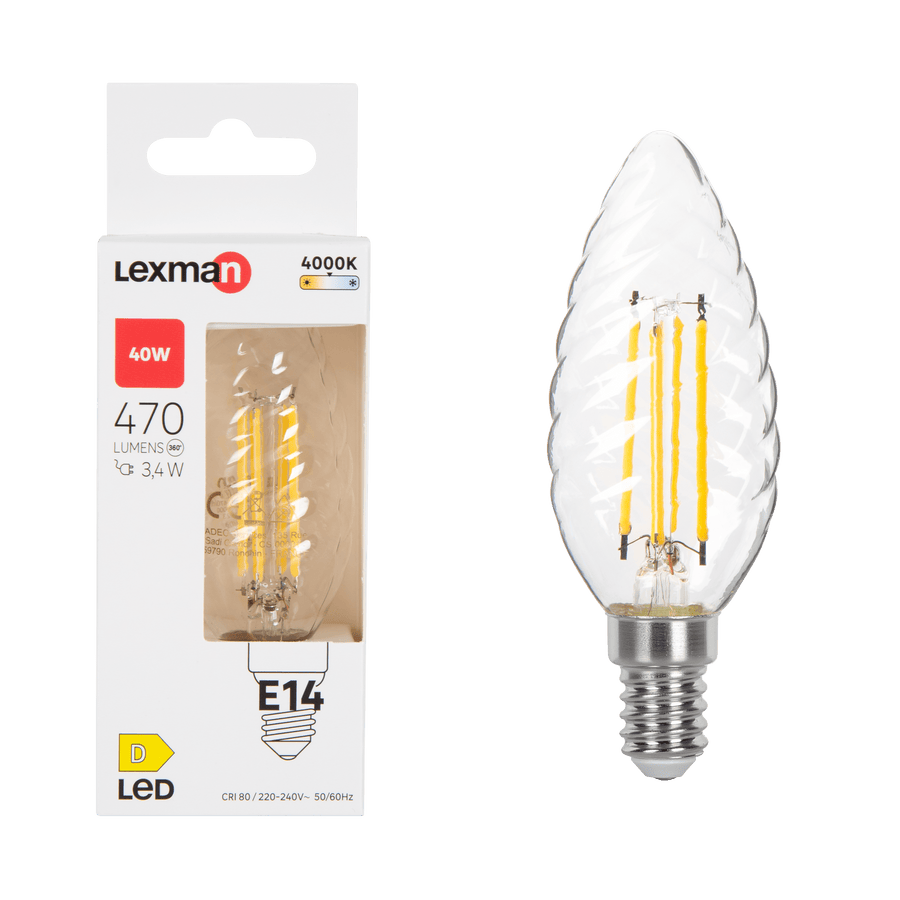 E14 LED bulb (40W equivalent), candle-style, twisted, transparent, natural light