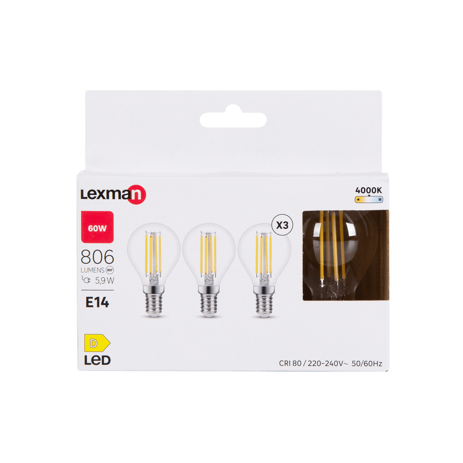 Bricocenter 3 LED BULBS E14=60W SPHERE TRANSPARENT NATURAL LIGHT
