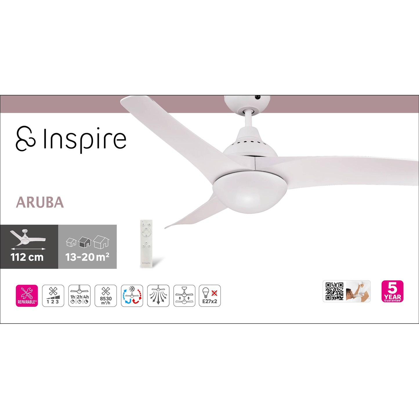 Bricocenter ARUBA CEILING FAN 3 BLADES D112 2XE27 46W PLASTIC WHITE