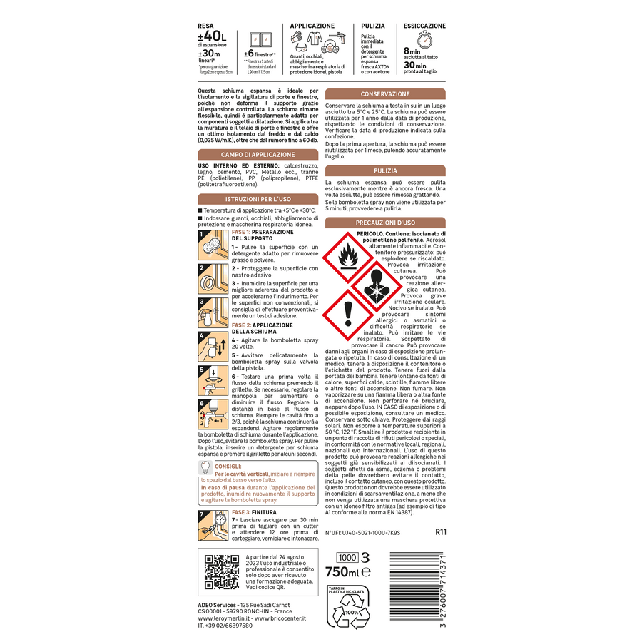 Bricocenter POLYURETHANE WINDOW AND DOOR FILLING FOAM FOR AXTON GUN 750ML