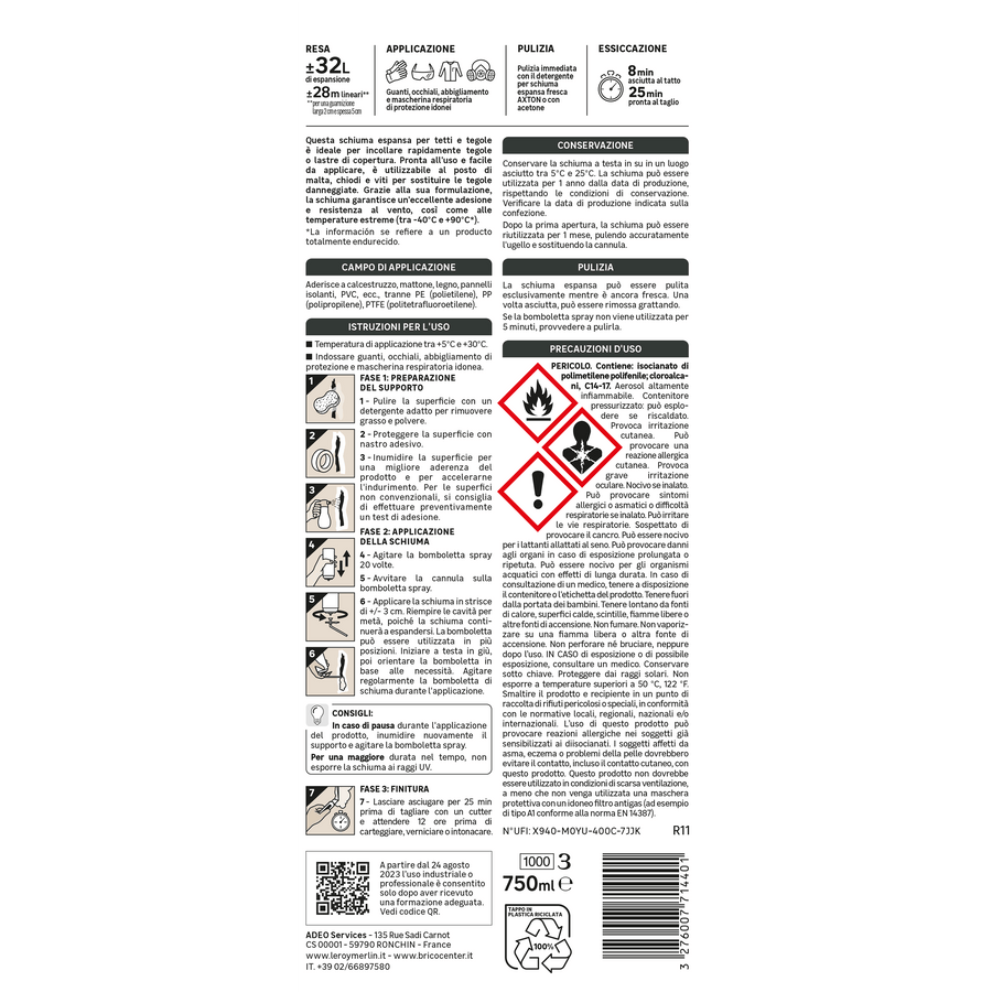 Bricocenter POLYURETHANE ADHESIVE FOAM TERRACOTTA ROOFS AND TILES WITH STRAW AXTON 750ML