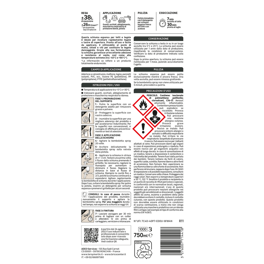 Bricocenter POLYURETHANE FOAM ADHESIVE ROOFS AND TERRACOTTA TILES FOR AXTON GUN 750ML
