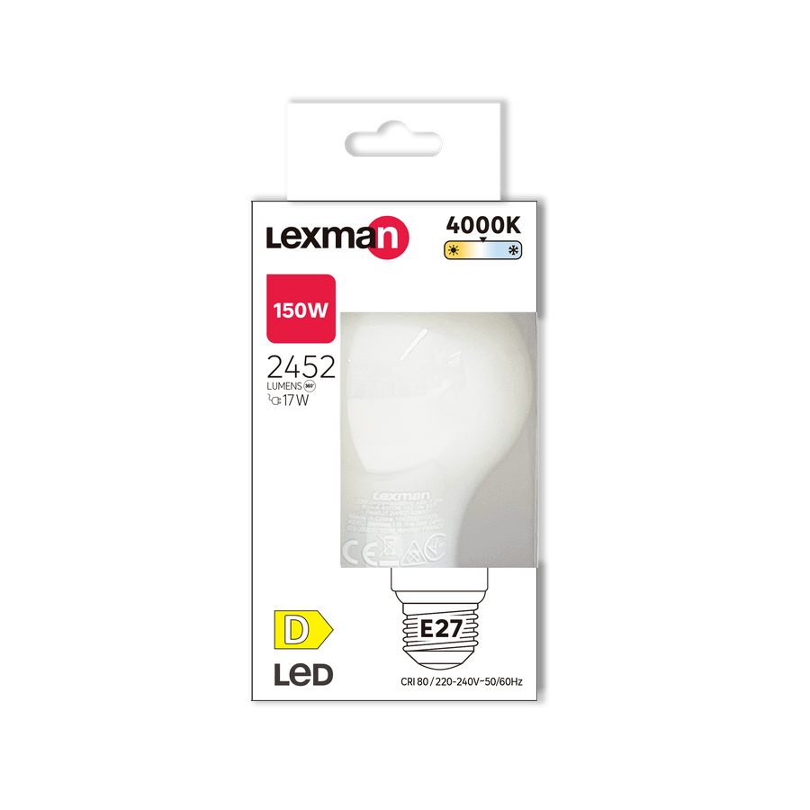 E27 LED bulb = 150W, frosted teardrop shape, natural light