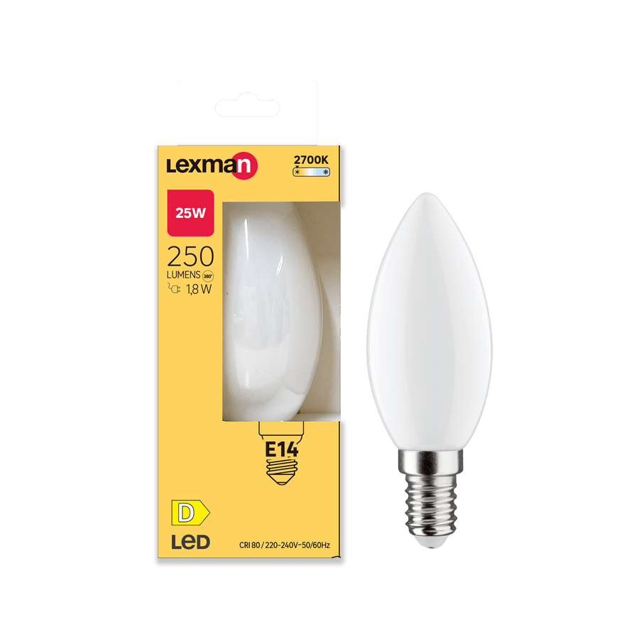 E14 LED bulb = 25W frosted candle, warm light