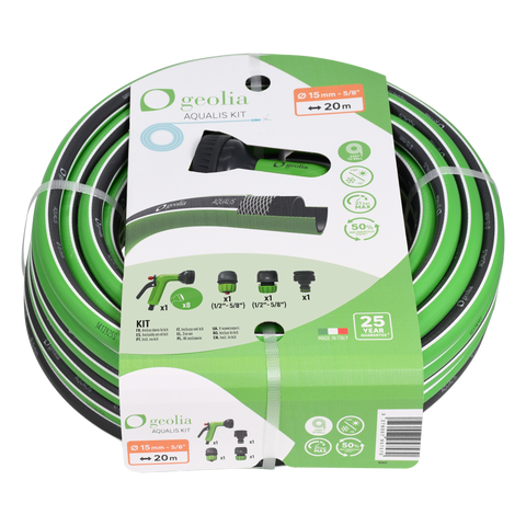 Aqualis watering hose, 15mm diameter, 20 metres, with Geolia spray gun kit