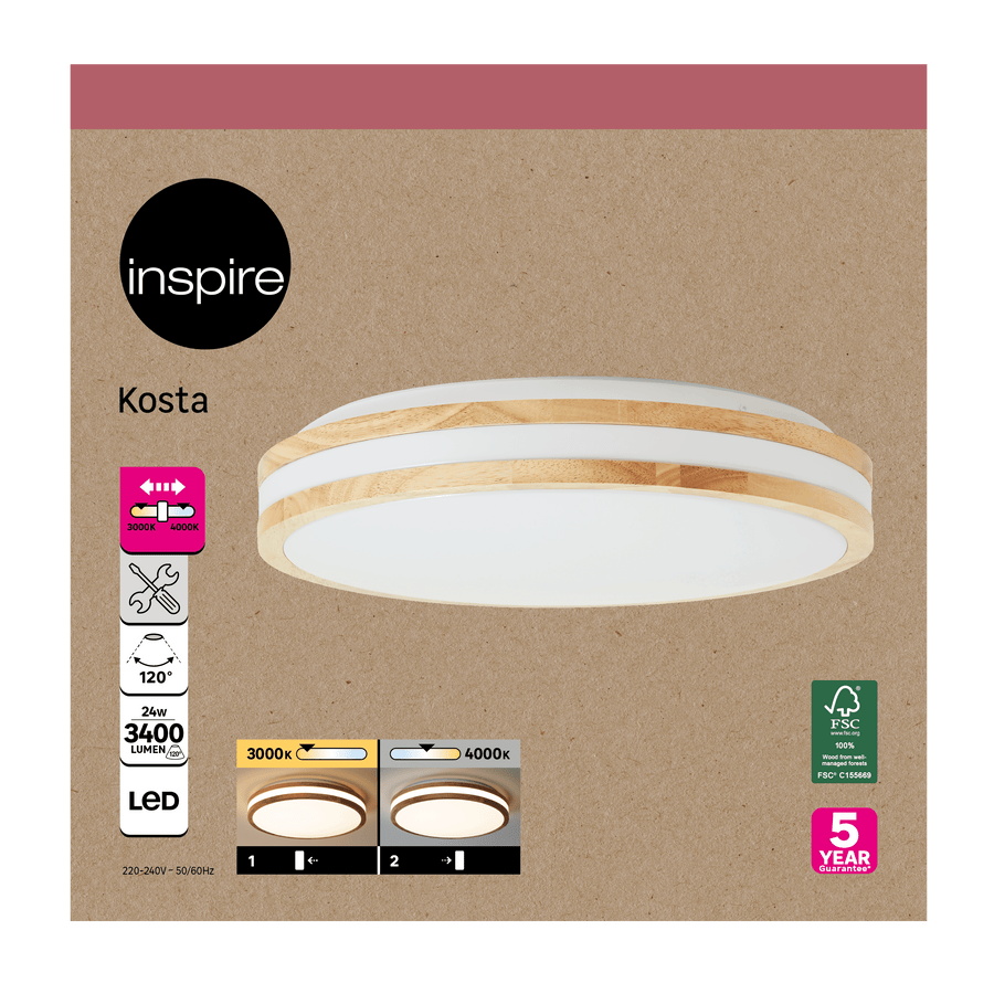 Kosta ceiling light in white metal and wood, 40 cm diameter, LED, CCT, dimmable