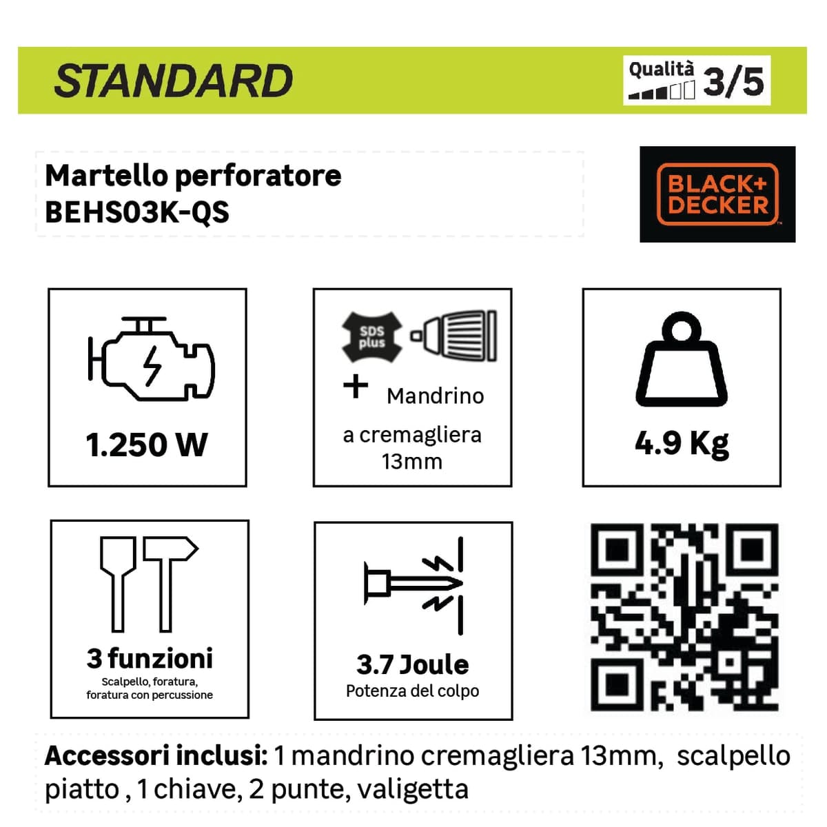 Bricocenter BLACK&DECKER 1250W DEMOLITION HAMMER, 3.7J, SDS PLUS CHUCK