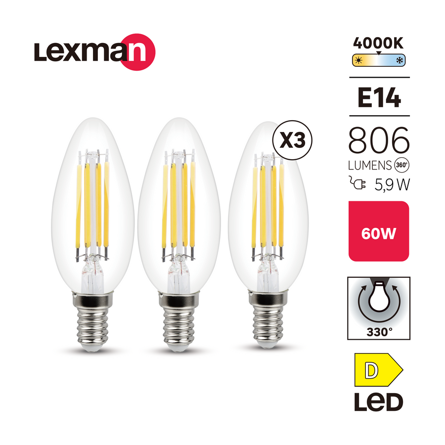 3 LED BULBS E14=60W CANDLE CLEAR NATURAL LIGHT