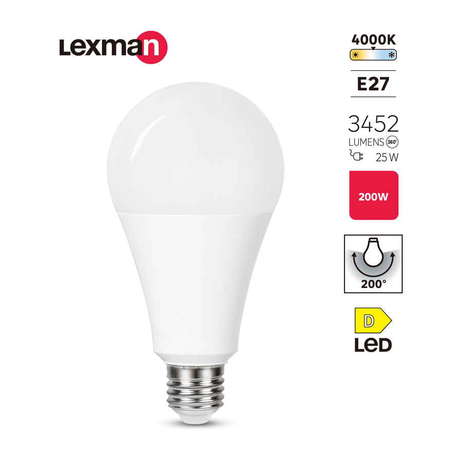 E27 LED bulb = 200W, frosted teardrop shape, natural light