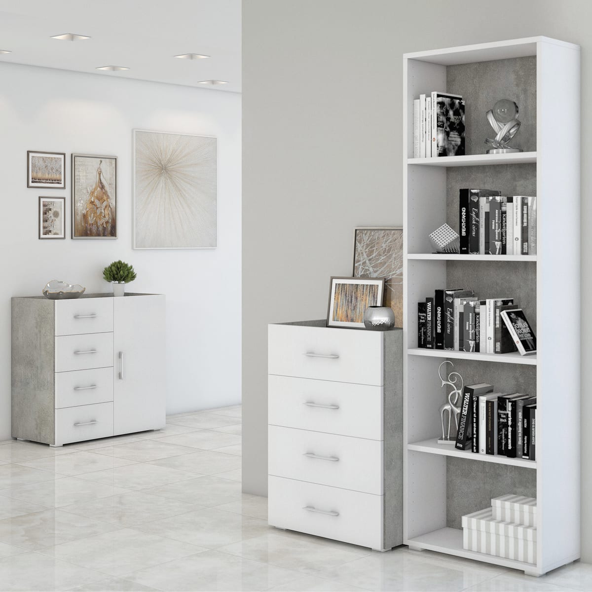 5-Shelf Bookcase W60xD30xH195 CM IN MELAMINIUM WHITE/CEMENT