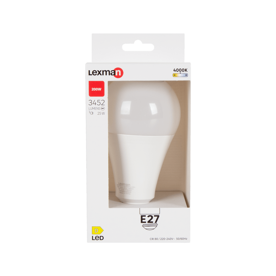 E27 LED bulb = 200W, frosted teardrop shape, natural light