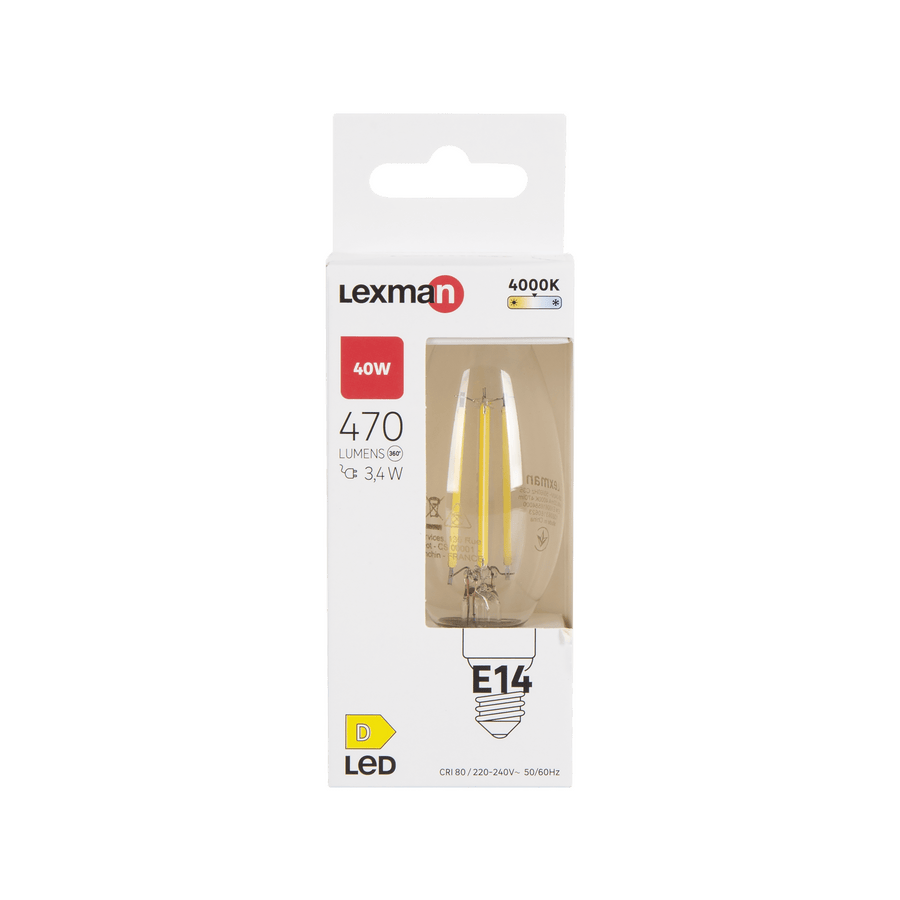 E14 LED bulb = 40W, clear candle shape, natural light