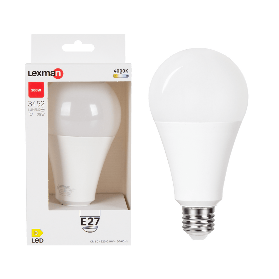 E27 LED bulb = 200W, frosted teardrop shape, natural light