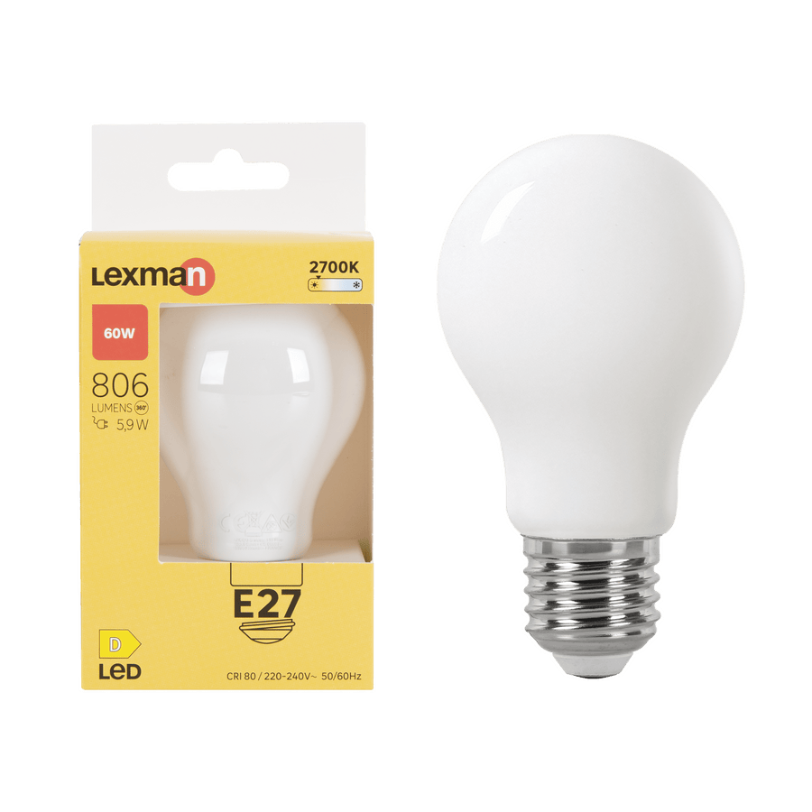E27 LED bulb (equivalent to 60W), frosted teardrop shape, warm white