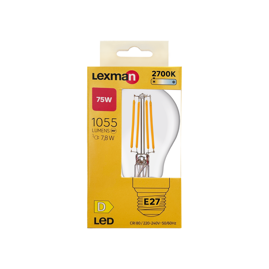 LED BULB E27=75W DROP TRANSPARENT WARM LIGHT