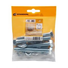 10 X 80 MM HEXAGON HEAD BOLT, NUT, 2 STEEL WASHERS, 4 PIECES