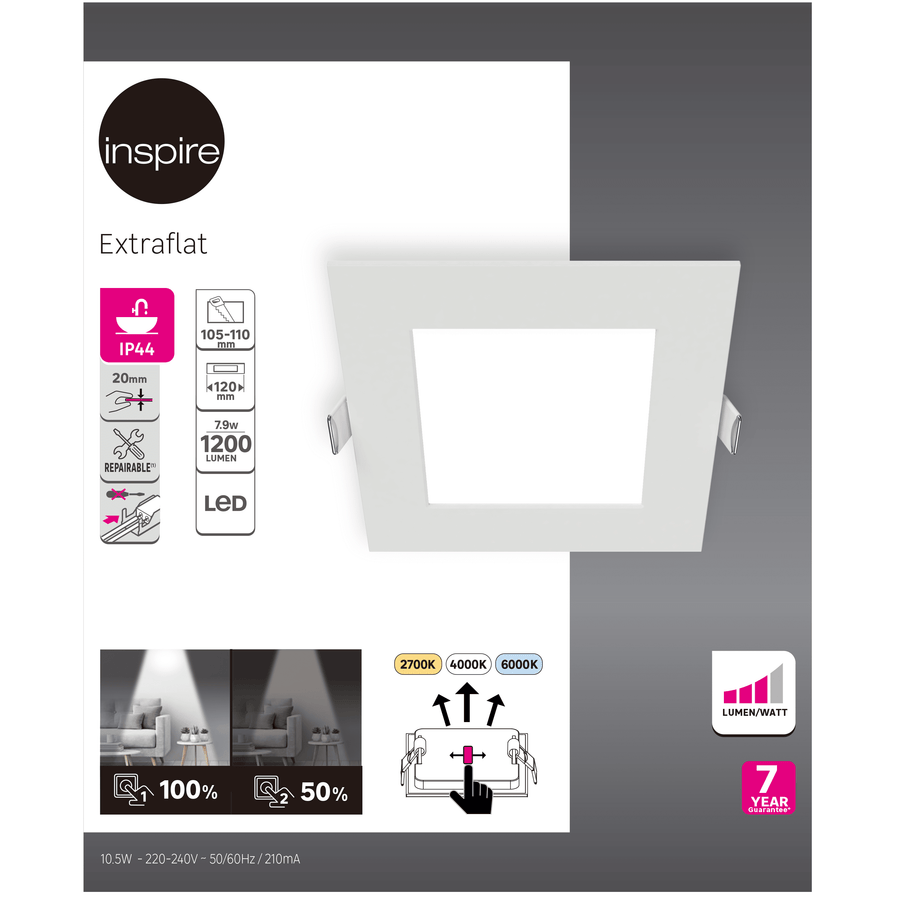 Extra-flat recessed spotlight, aluminium, white, 120 mm, LED, 1200 lm, dimmable, IP44