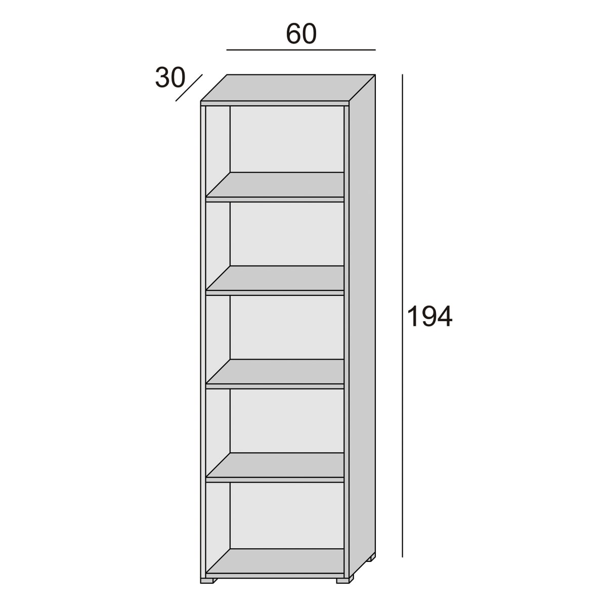5-Shelf Bookcase W60xD30xH195 CM IN MELAMINIUM WHITE/CEMENT