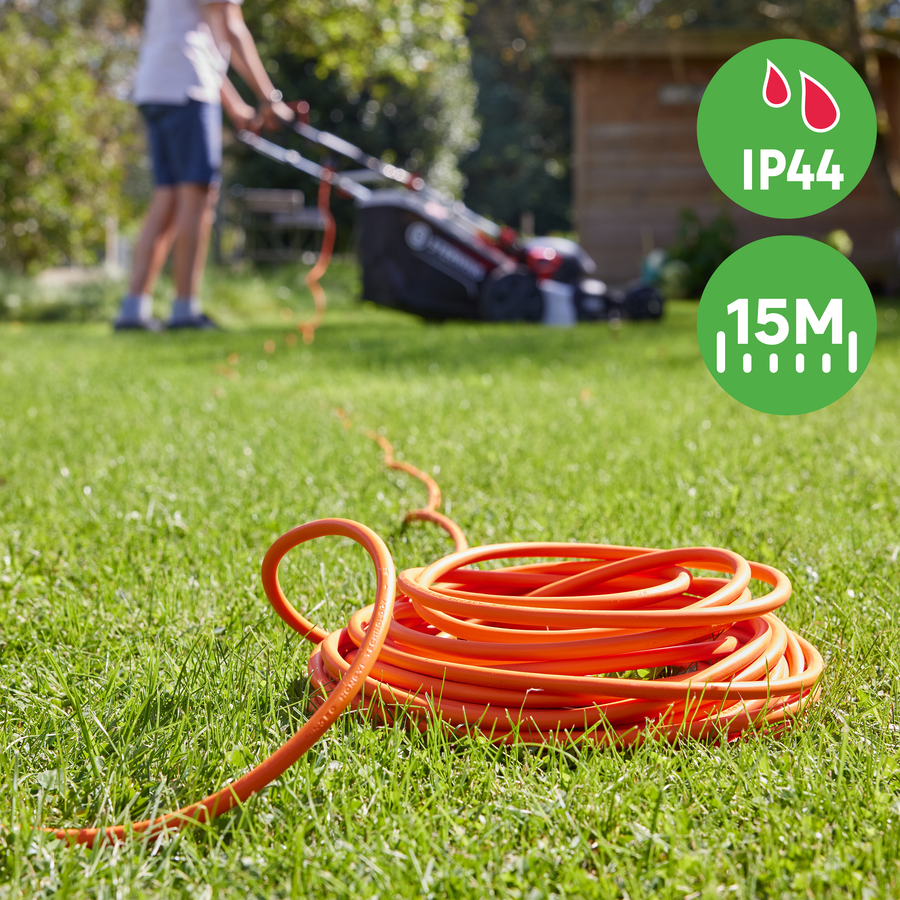 15-metre garden extension lead with a 10/16 A socket and a 16 A orange plug