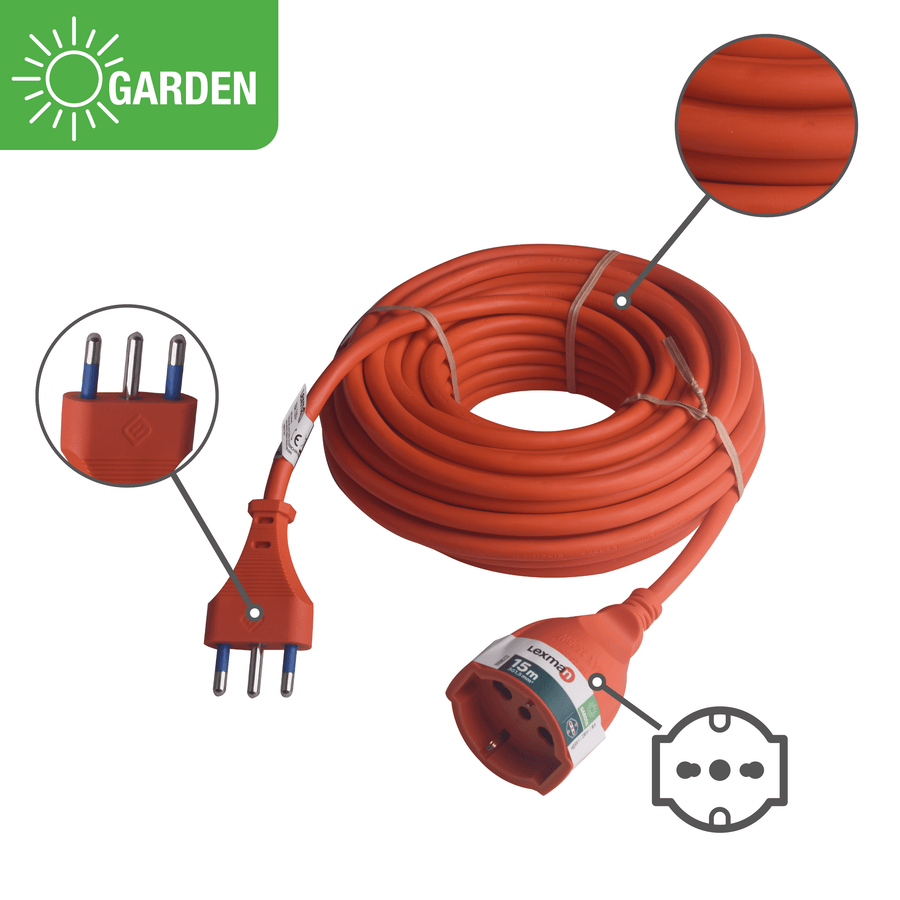 15-metre garden extension lead with a 10/16 A socket and a 16 A orange plug