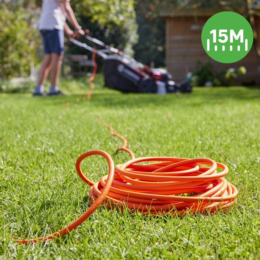 15-metre garden extension lead with a 10/16 A socket and a 16 A orange plug