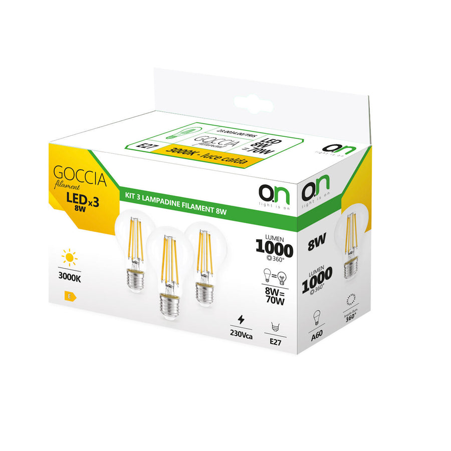 3 E27 LED bulbs = 70W, clear teardrop shape, warm white