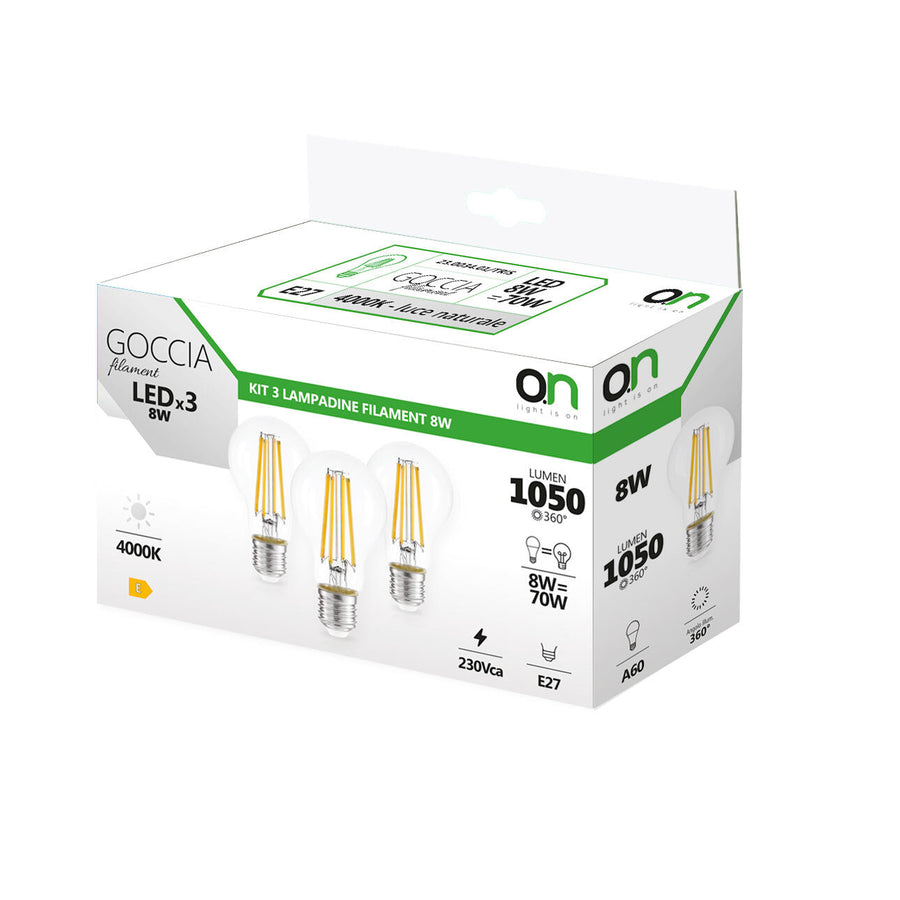 3 E27 LED bulbs = 70W, clear teardrop shape, natural light