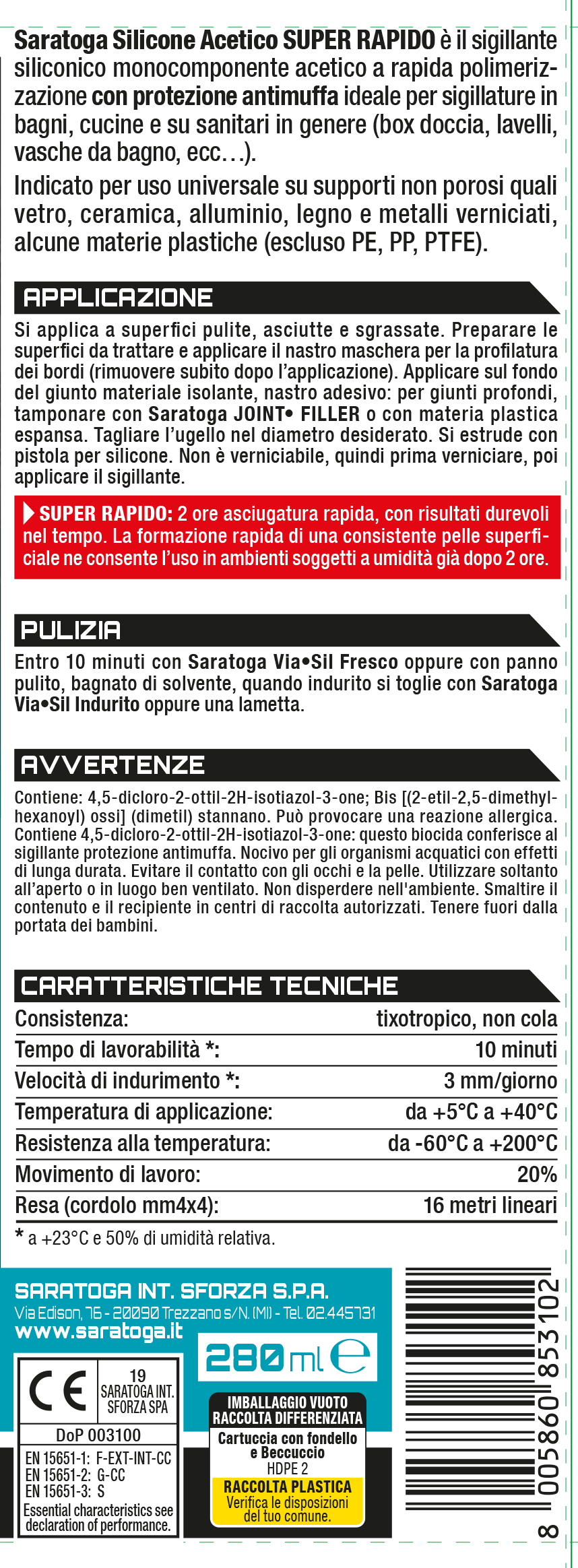 Bricocenter ACETIC SILICONE BATHROOMS AND KITCHENS TRANSPARENT 2 HOURS SARATOGA 280 ML