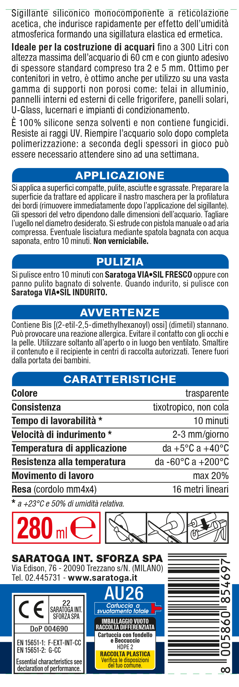 Bricocenter ACETIC SILICONE FOR AQUARIUMS TRANSPARENT SARATOGA 280 ML