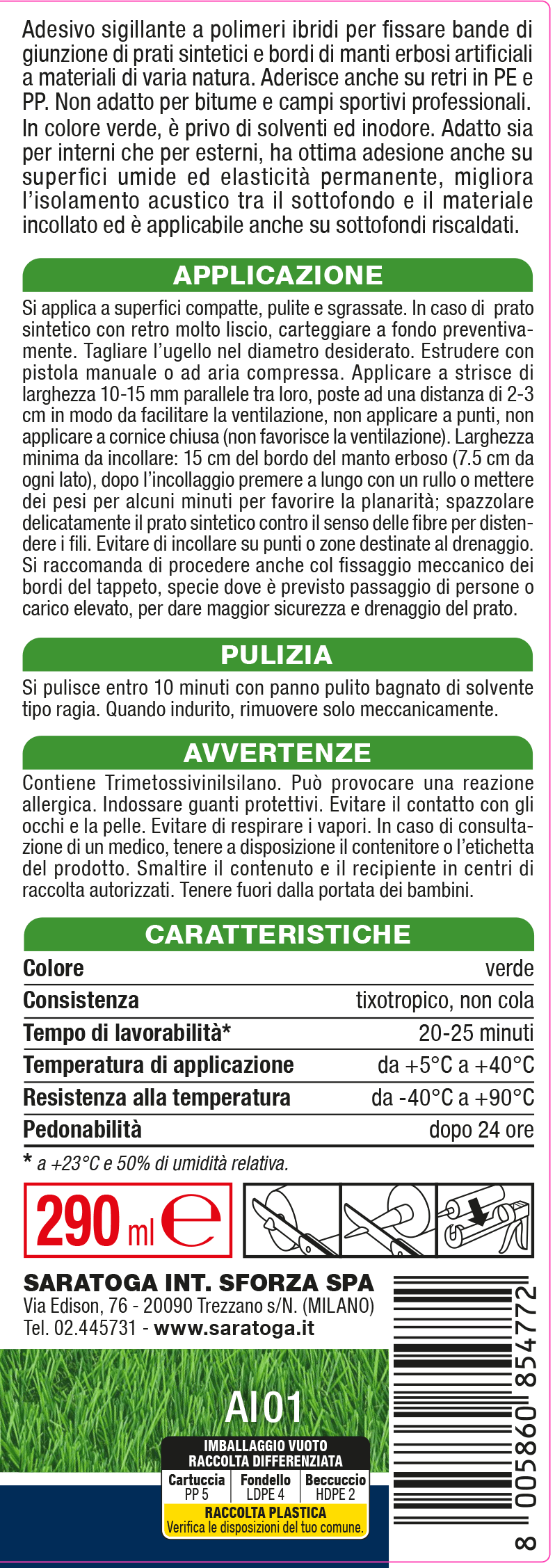 Bricocenter ACETIC SILICONE FOR SYNTHETIC LAWNS GREEN SARATOGA 290 ML