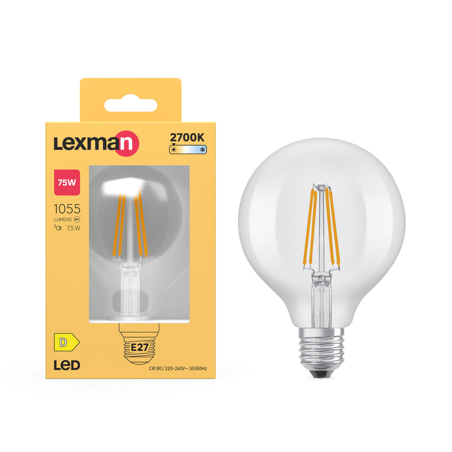 E27 LED bulb = 75W, small globe, clear, warm white