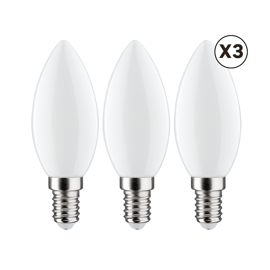 3 E14 LED bulbs = 60W, frosted candle-shaped, warm light