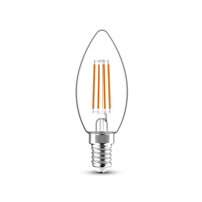 E14 LED bulb = 40W, clear candle shape, natural light