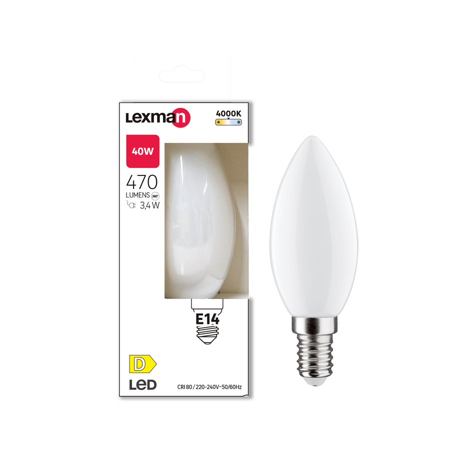 E14 LED bulb = 40W, frosted candle shape, natural light