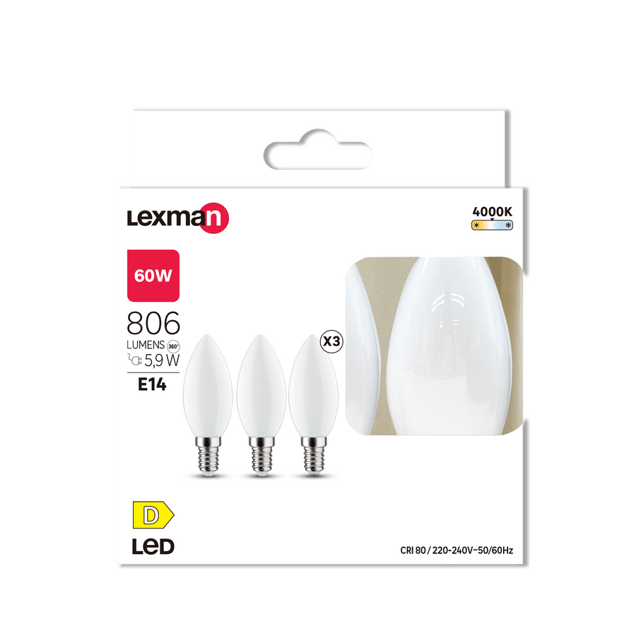 3 E14 LED bulbs = 60W, frosted candle, natural light