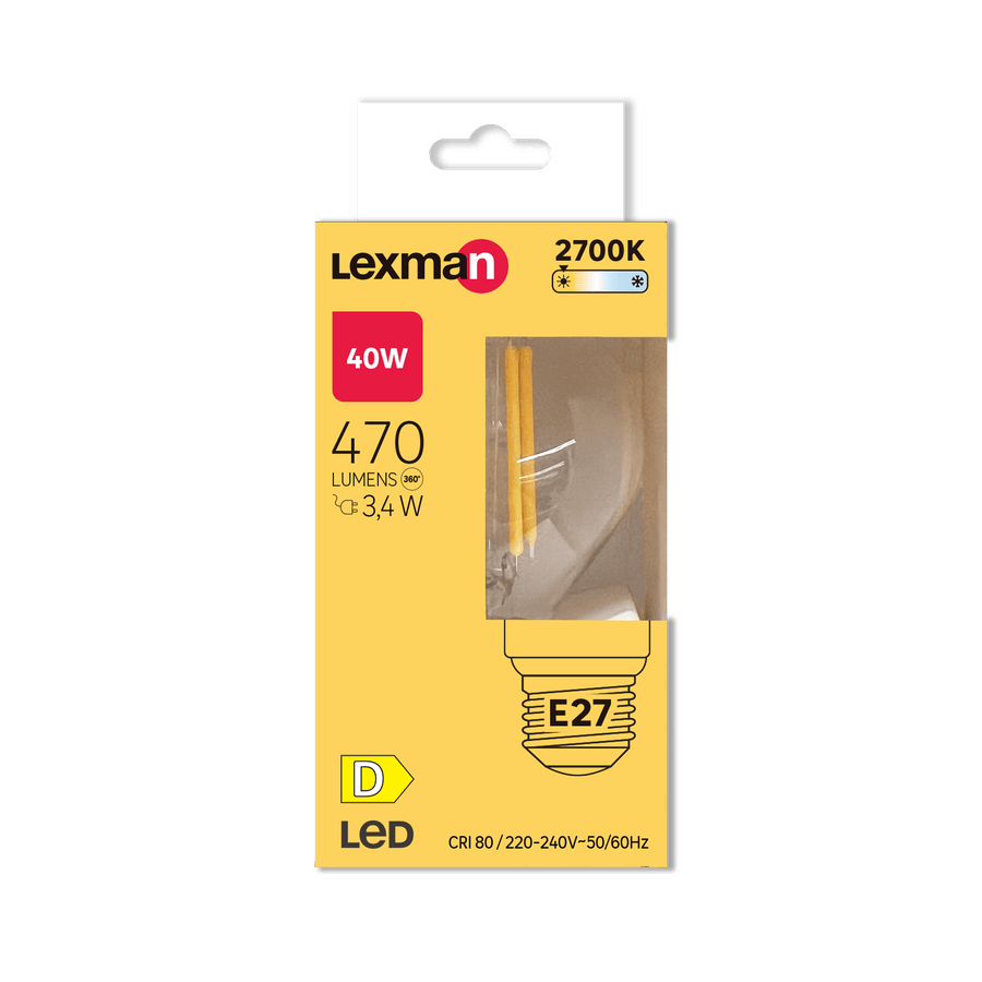 Lampadina led e27 =40w sfera trasparente luce calda