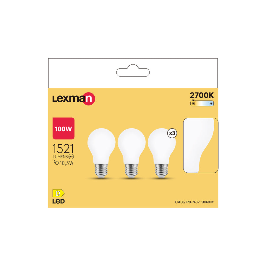 3 E27 LED bulbs (equivalent to 100W), frosted teardrop shape, warm white